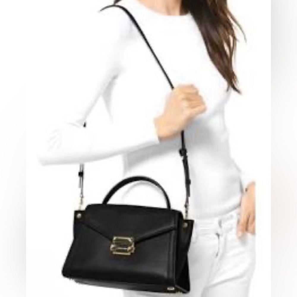 MICHAEL MICHAEL KORS Whitney Flap Satchel Signature Logo Black Leather NWT - Picture 9 of 9